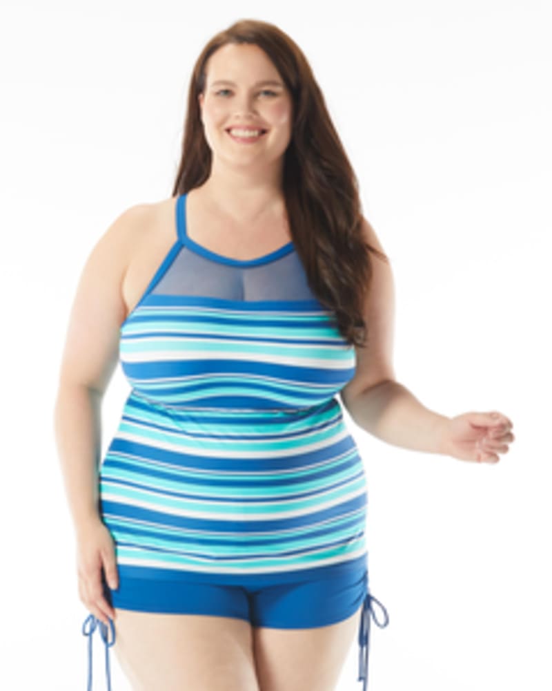 Front of a model wearing a size 16W Exhilarate Mesh Tankini Top in BLUE BLISS by Beach House Woman. | dia_product_style_image_id:269158